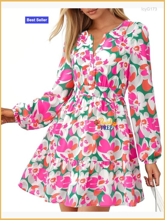 Dresses & Skirts - Floral Mini Dress Long Sleeve Elastic Waist Wedding Guest Vacation Outfit